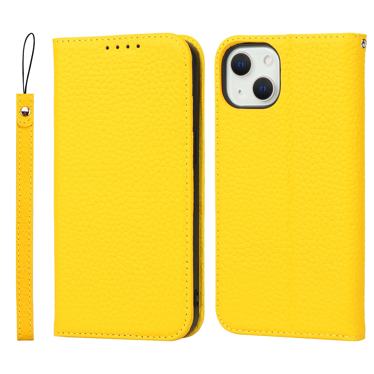 Drop-proof Phone Case for iPhone 14, Genuine Leather Litchi Texture Cell Phone Cover Wallet Stand - Khaki Drop-proof Phone Case for iPhone 14, Genuine Leather Litchi Texture Cell Phone Cover Wallet Stand - Khaki